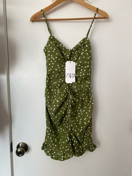 Zara Dresses & Skirts - ZARA Green Polka Dot Ruched Slip Dress NWT!